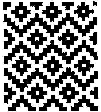 A black-and-white weaving design of interlocking diamonds and crosses