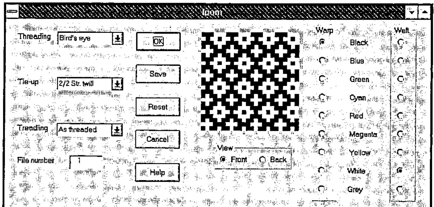 The loom window: drop-down lists for Threading (Bird’s eye), Tie-up (2/2 Str. twill) and Treadling (As threaded), a File number field, buttons OK, Save, Reset, Cancel and Help, the woven design, Front and Back view options, and Warp and Weft colour choices from Black to Grey