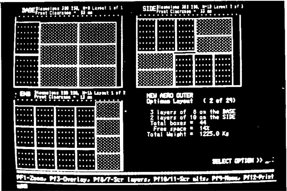 Screen photograph: box-packing layouts drawn for the base, side and end of a container, with the text “New Aero Outer, Optimum Layout (2 of 29): 3 layers of 8 on the base, 2 layers of 10 on the side, total boxes 44, free space 14%, total weight 1225.0 Kg” and PF-key options