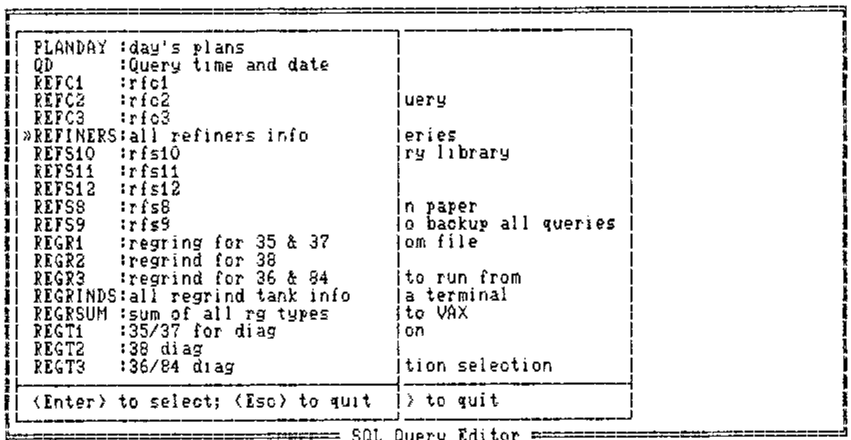 SQL Query Editor: the query library pick window