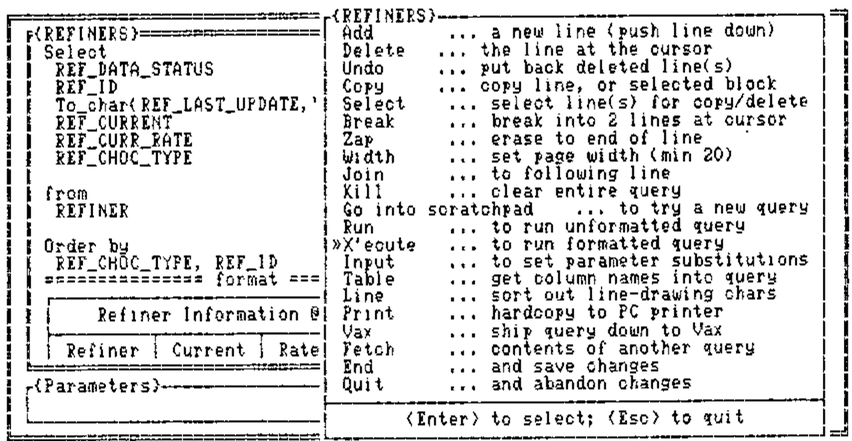 SQL Query Editor: the REFINERS query with its editing menu