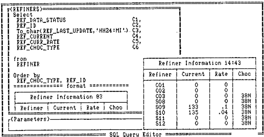 SQL Query Editor: the REFINERS query with its Refiner Information result