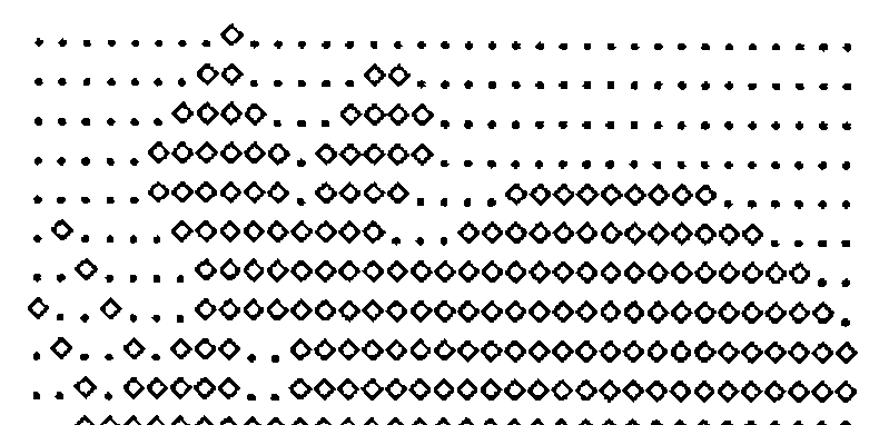 The mouse: a bitmap of dots and diamonds, four characters wide, showing whiskers, ears, body and tail