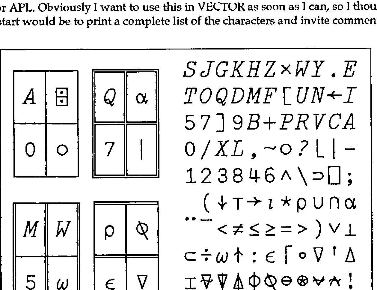 A specimen sheet of the APL PostScript font: enlarged pairs of characters in boxes (A and quad, Q and alpha, 0 and circle, 7 and stile, M and W, rho and transpose, 5 and omega, epsilon and del), then the whole character set in rows: italic capitals, digits, APL symbols, overstruck symbols, lower-case italic letters and the special characters