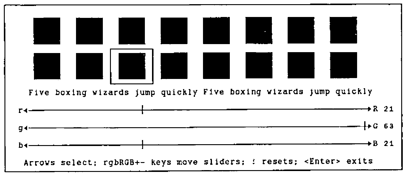 The palette editor: sixteen colour blocks in two rows with the third of the second row framed, “Five boxing wizards jump quickly” twice, and three sliders r, g, b at R 21, G 63, B 21