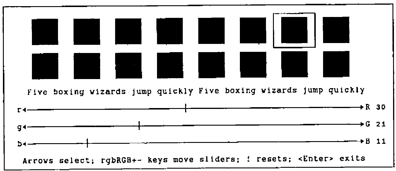 The palette editor with the seventh block of the first row framed and sliders at R 30, G 21, B 11
