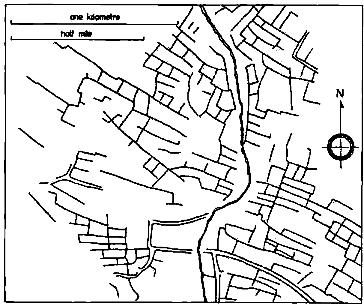 Map of irregular, haphazard field boundaries either side of a winding stream, with scale bars and a north arrow
