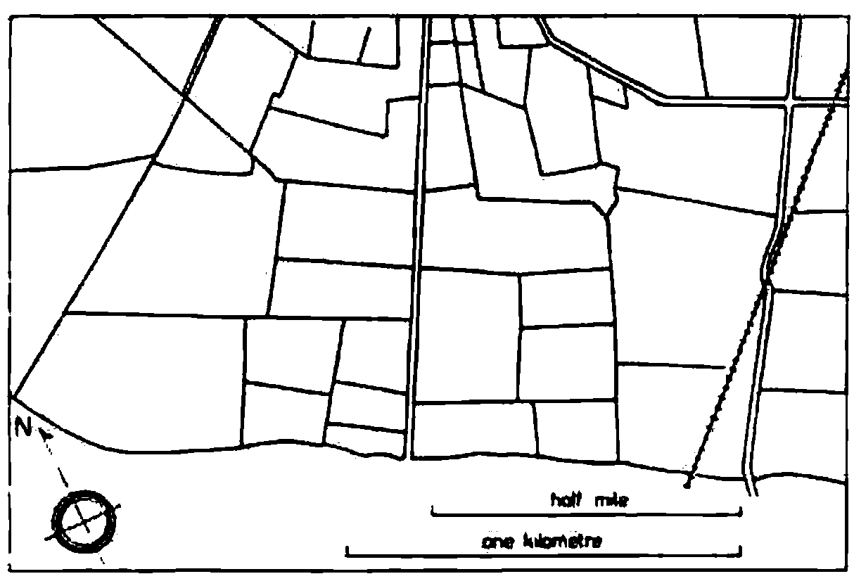 Map of straight-sided, rectangular fields between straight roads, with scale bars and a north arrow