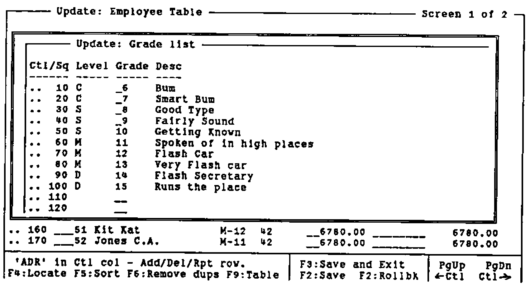 Screen capture: an “Update: Grade list” window over the Employee Table, listing levels and grades from 6 “Bum” to 15 “Runs the place”