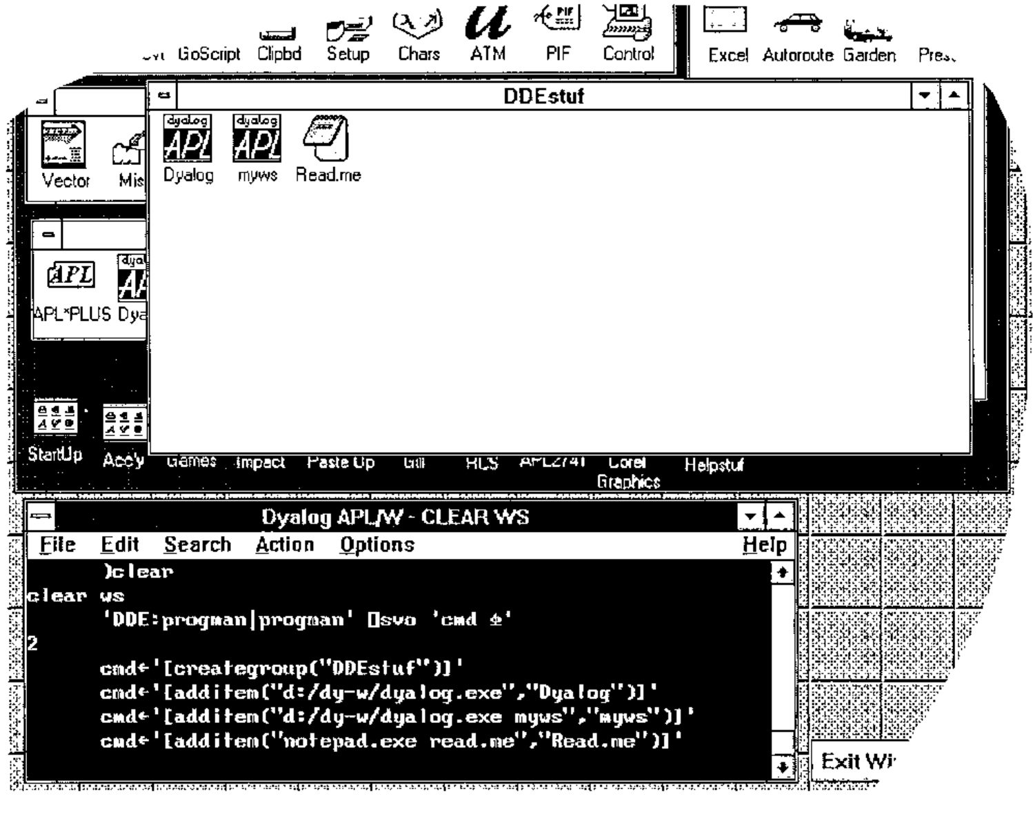 Screen capture: a new Program Manager group “DDEstuf” holding Dyalog, myws and Read.me icons, above a Dyalog APL/W session in which 'DDE:progman|progman' ⎕svo 'cmd ⍎' returns 2 and four assignments to cmd create the group and add the items