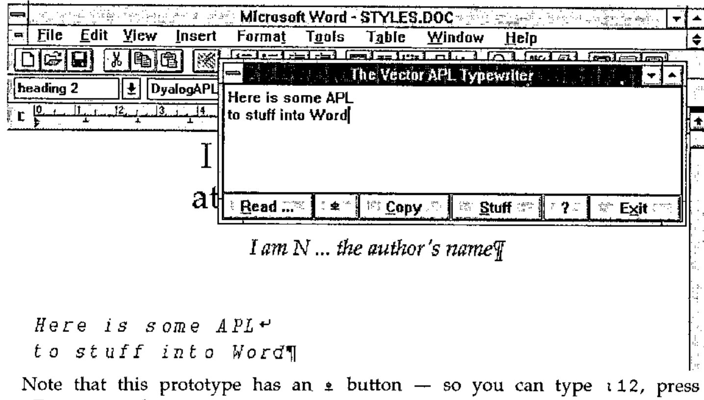 Microsoft Word with “The Vector APL Typewriter” window open over it, holding “Here is some APL / to stuff into Word”, with Read…, ⍎, Copy, Stuff, ? and Exit buttons; below, the text stuffed into the document in the APL font