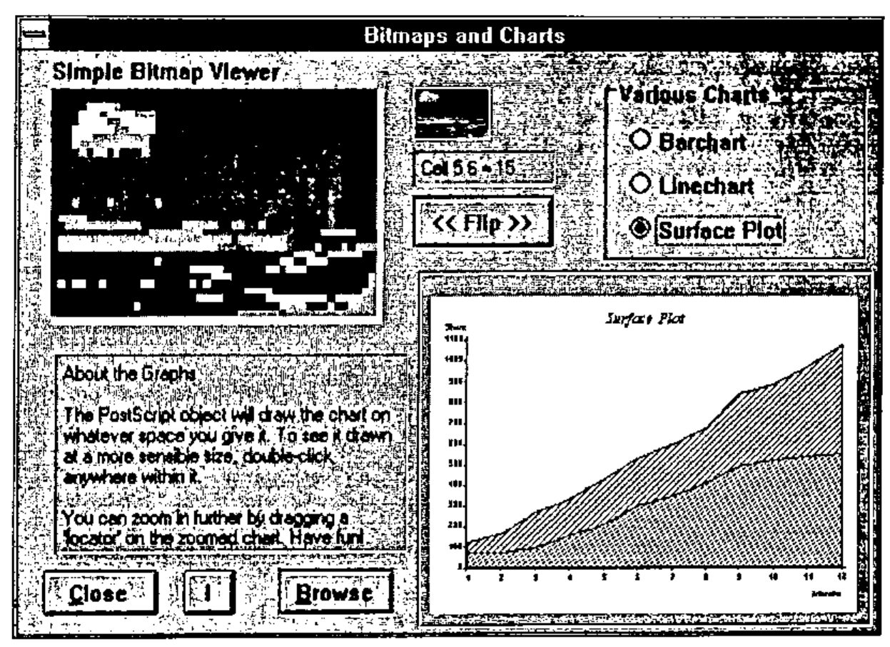 Bitmaps and Charts: a Simple Bitmap Viewer with a beach scene, a recessed label Col 56 ↔ 15, a << Flip >> button, Various Charts radio buttons (Barchart, Linechart, Surface Plot selected), a surface plot, an About the Graphs notepad, and Close, i and Browse buttons