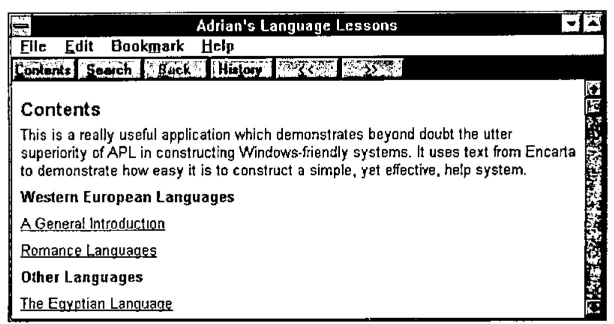 Windows Help: Adrian’s Language Lessons, Contents, with the outline text and links to A General Introduction, Romance Languages and The Egyptian Language under Western European Languages and Other Languages