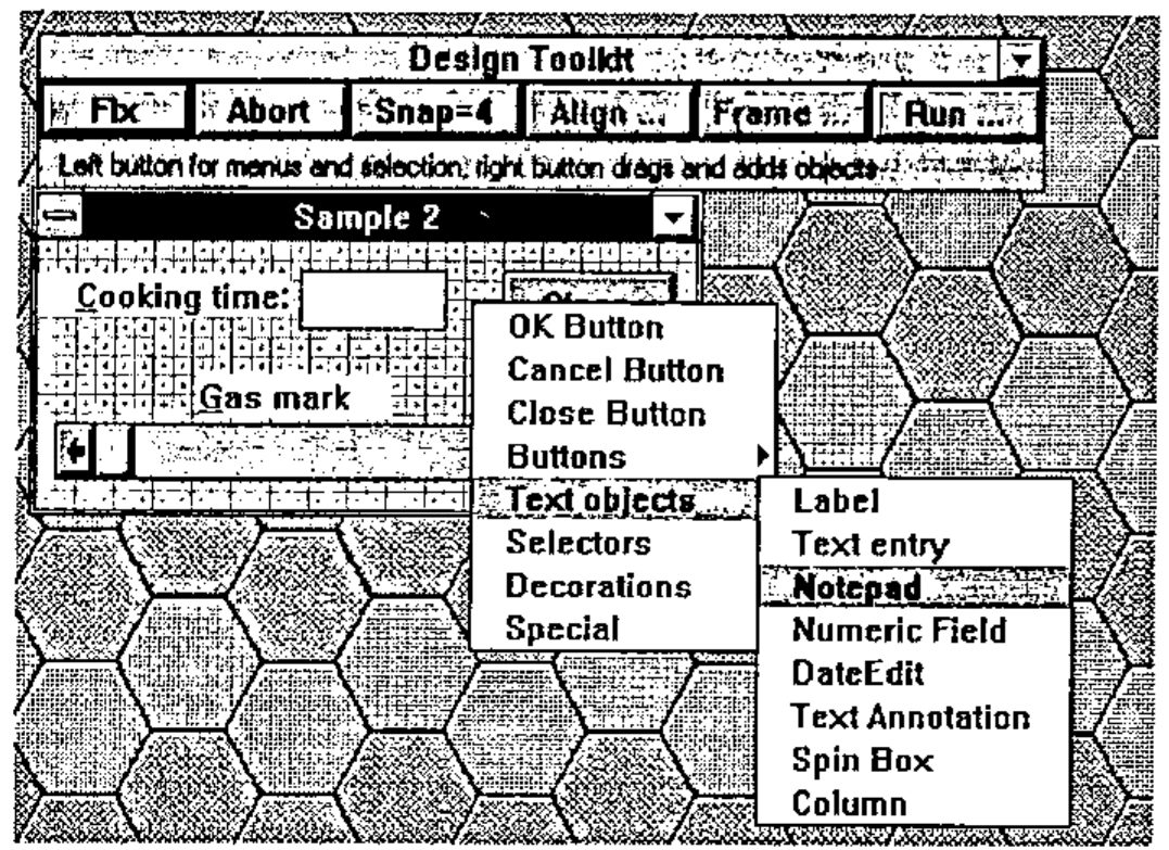 The Design Toolkit over Sample 2, with a pop-up menu (OK Button, Cancel Button, Close Button, Buttons, Text objects, Selectors, Decorations, Special) and its Text objects submenu (Label, Text entry, Notepad, Numeric Field, DateEdit, Text Annotation, Spin Box, Column)