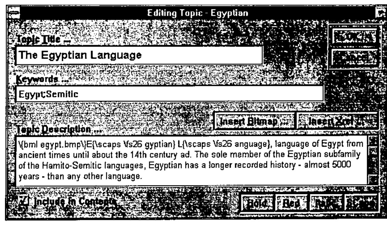 Editing Topic - Egyptian: Topic Title “The Egyptian Language”, Keywords “Egypt;Semitic”, and a Topic Description with RTF codes ({bml egypt.bmp}…{\scaps \fs26 gyptian}…)
