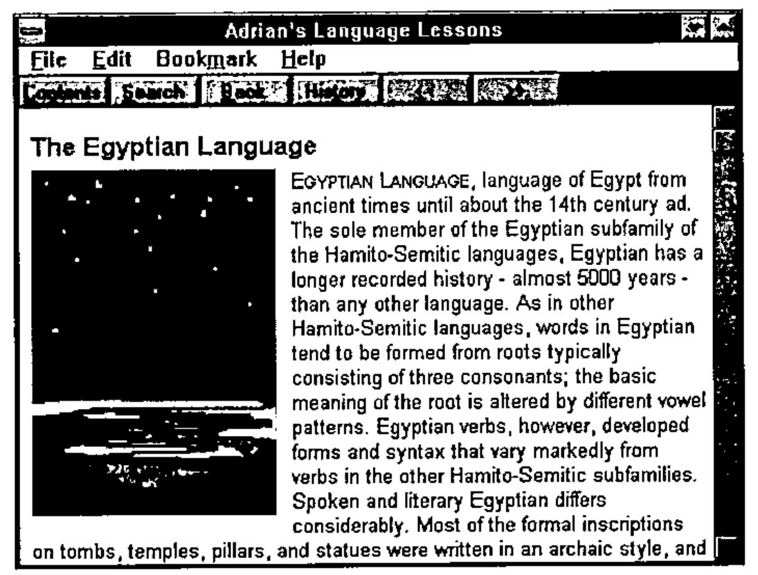 Windows Help: The Egyptian Language, with a picture and the text of the topic