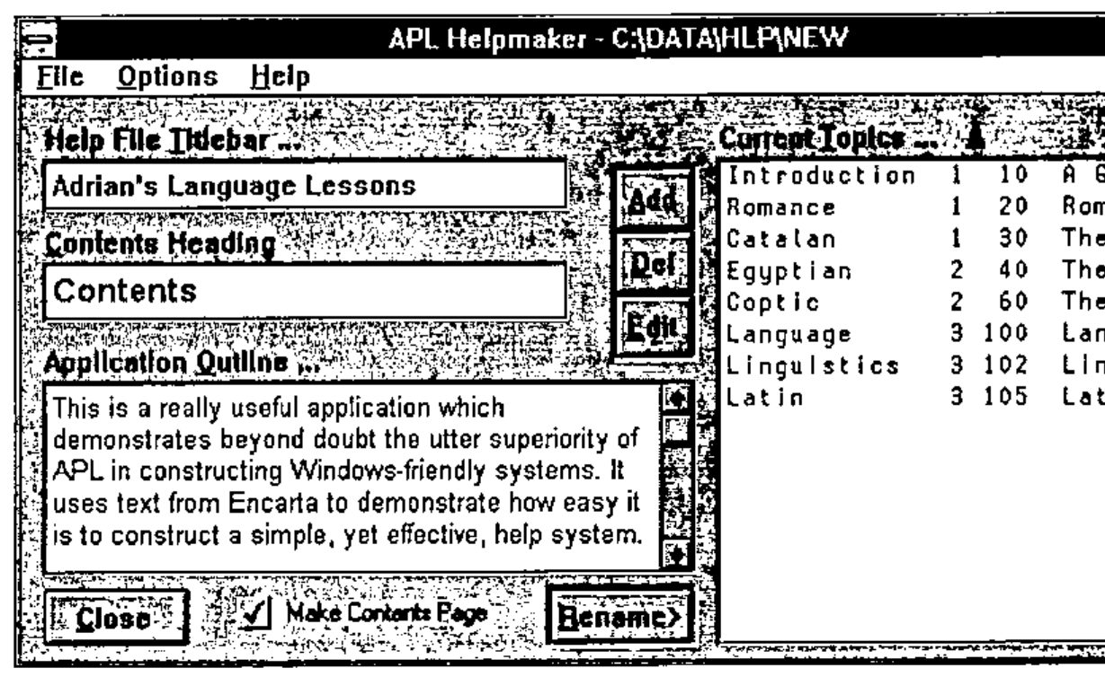 APL Helpmaker - C:\DATA\HLP\NEW: Help File Titlebar “Adrian’s Language Lessons”, Contents Heading “Contents”, an Application Outline notepad, and a Current Topics list (Introduction, Romance, Catalan, Egyptian, Coptic, Language, Linguistics, Latin, with group and topic numbers)