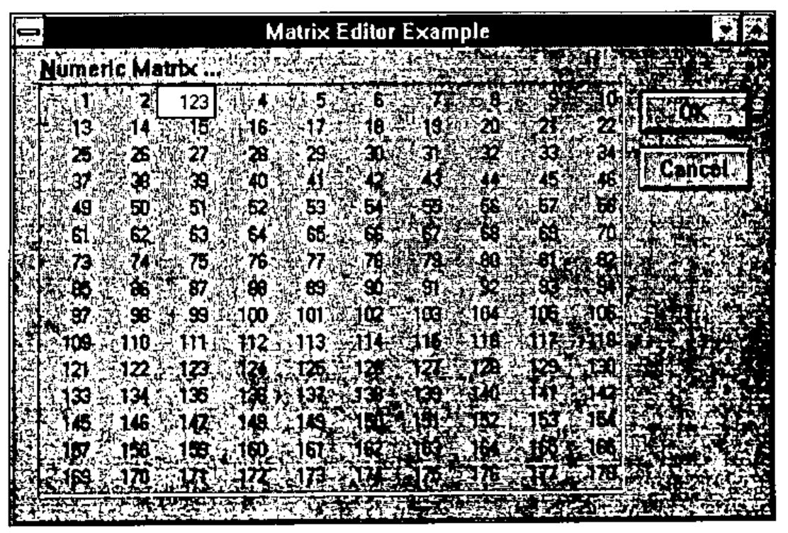 Matrix Editor Example: a Numeric Matrix grid of the numbers 1 to 180, one cell being edited to 123, with OK and Cancel buttons
