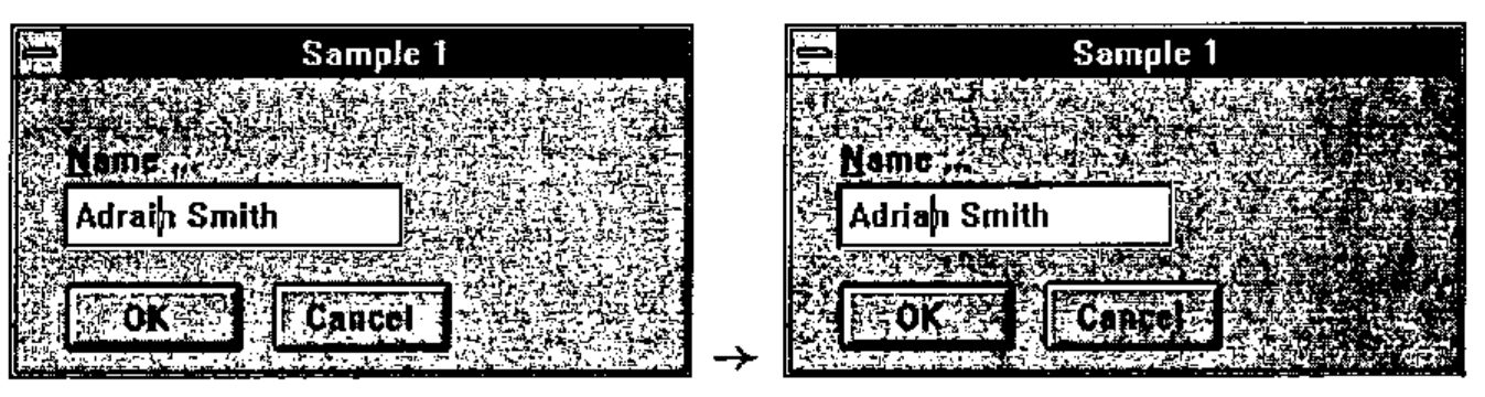 Two Sample 1 dialogues side by side: the Name field reading “Adrain Smith”, then, after editing, “Adrian Smith”