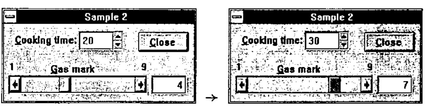 Two Sample 2 dialogues: Cooking time spinner 20 and Gas mark scroll bar at 4; then, after changes, Cooking time 30 and Gas mark 7