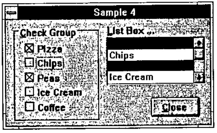 Sample 4: a Check Group with Pizza and Peas ticked among Chips, Ice Cream and Coffee, and a List Box with Chips and Ice Cream selected