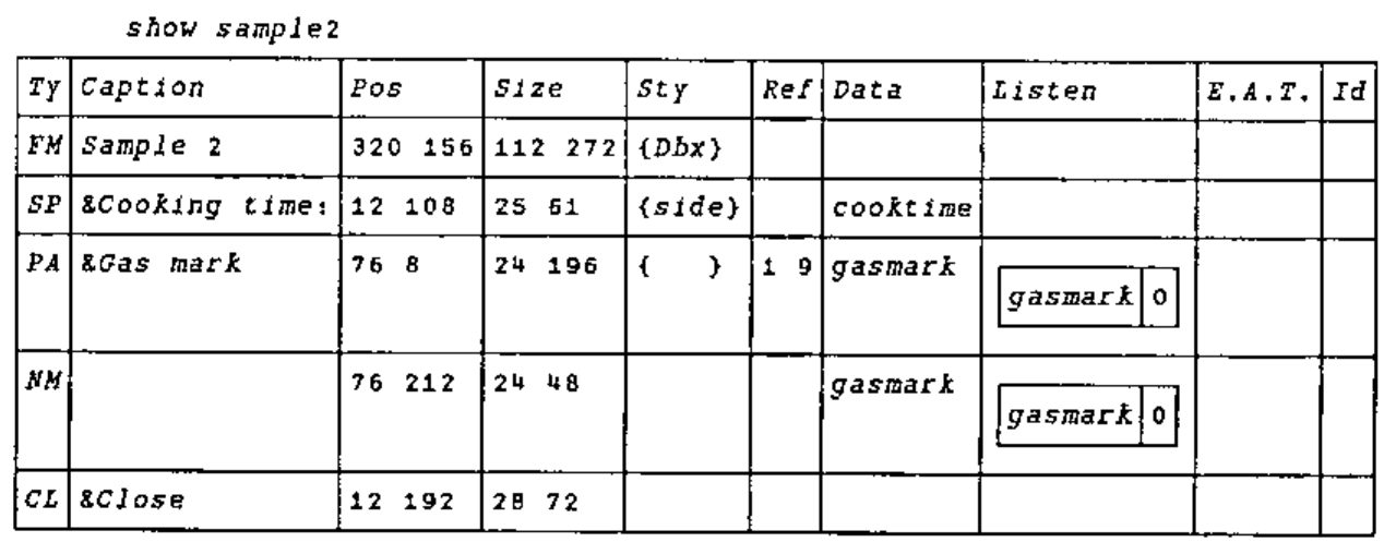 show sample2: a boxed table with rows FM Sample 2, SP &Cooking time: (data cooktime), PA &Gas mark (ref 1 9, data gasmark, listening to gasmark), NM (data gasmark, listening to gasmark) and CL &Close
