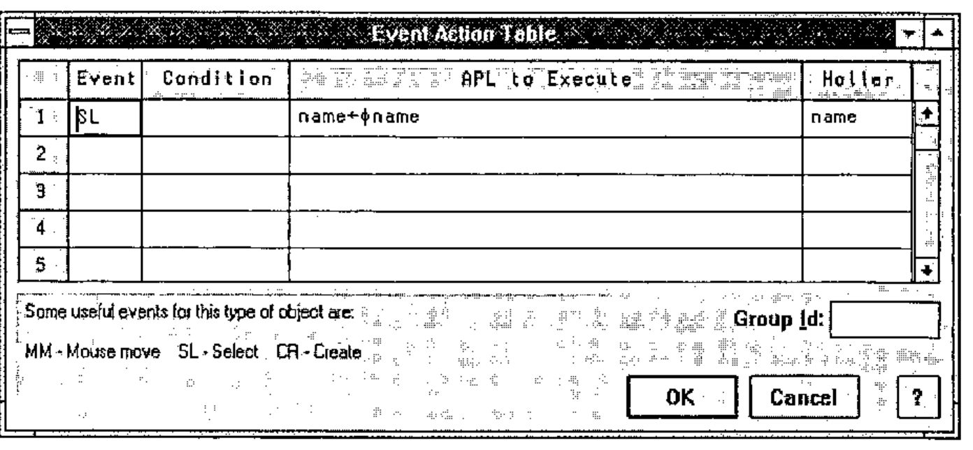 The Event Action Table: row 1, Event SL, APL to Execute name←⌽name, Holler name; useful events MM Mouse move, SL Select, CR Create