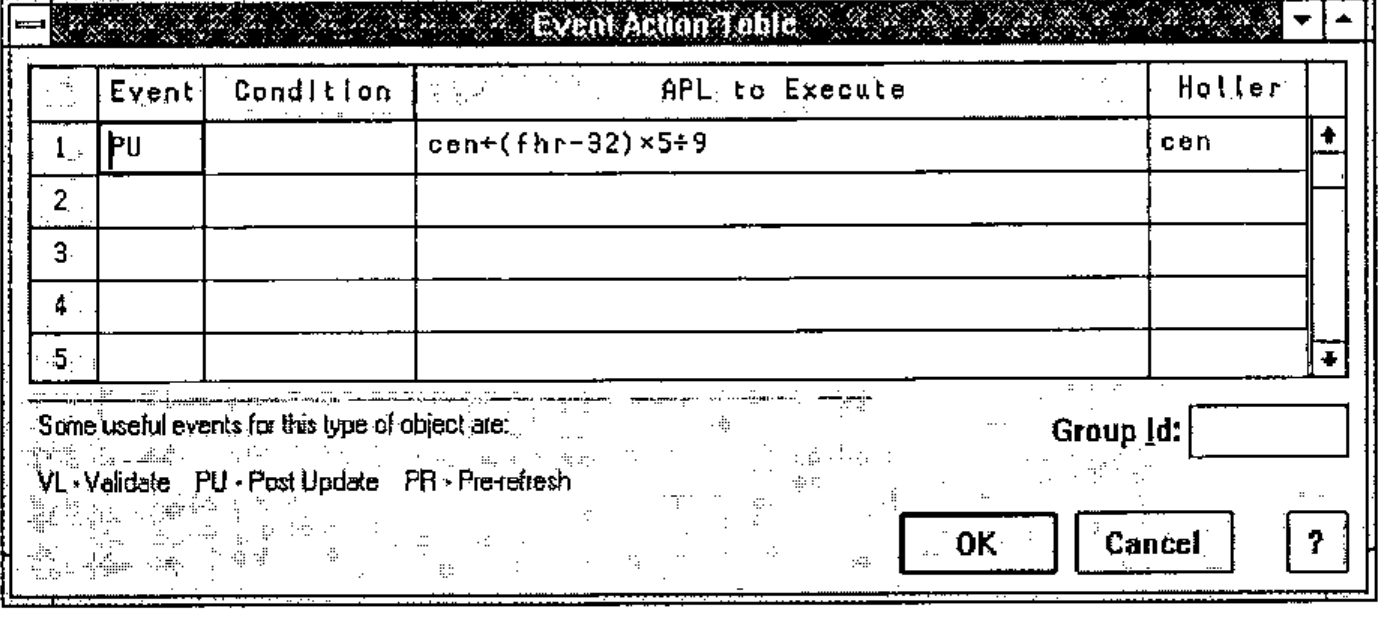 The Event Action Table: row 1, Event PU, APL to Execute cen←(fhr-32)×5÷9, Holler cen; useful events VL Validate, PU Post Update, PR Pre-refresh