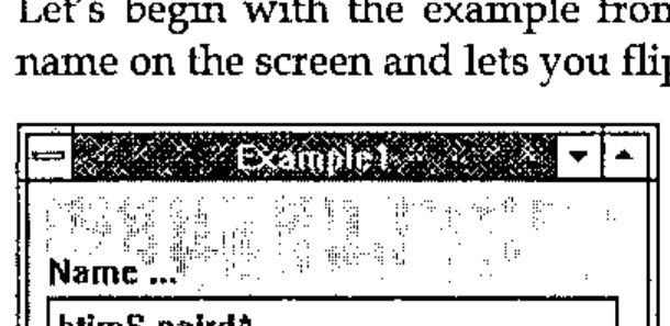 The Example1 form: a Name field holding “htimS nairdA”, with Flip and Close buttons