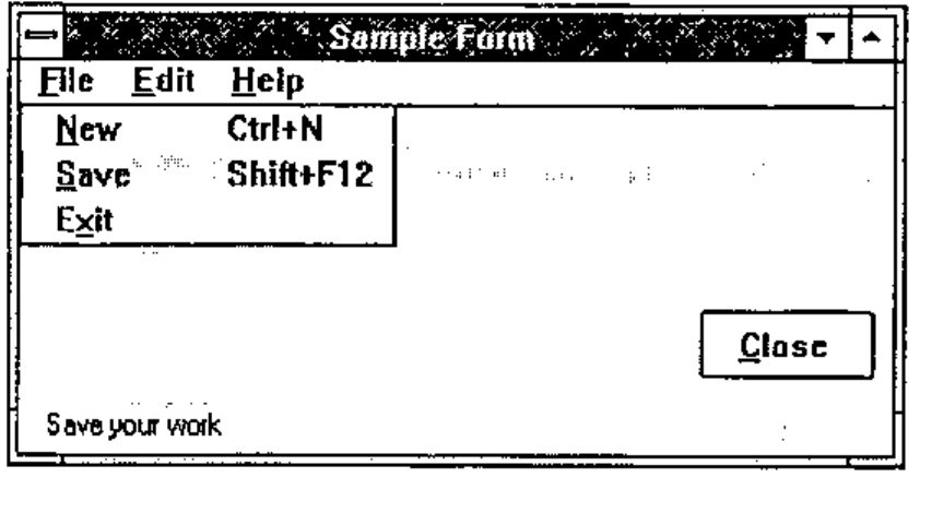 Sample Form with the File menu showing New Ctrl+N and Save Shift+F12