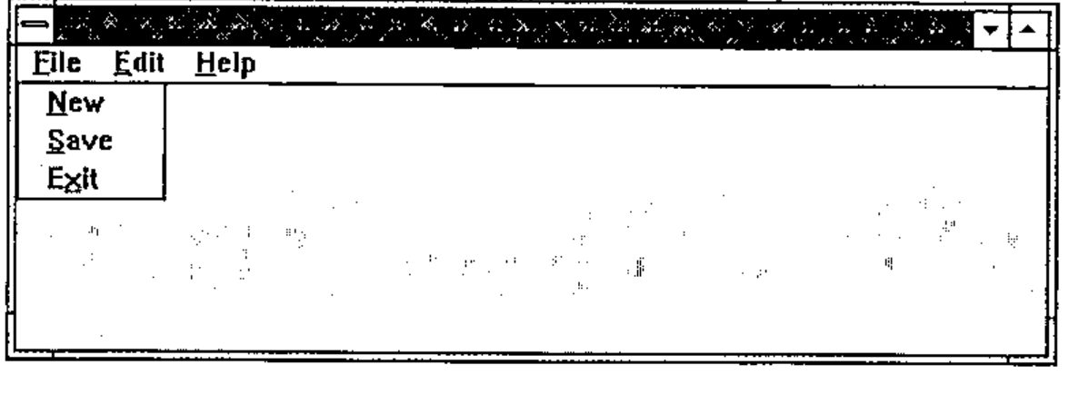 A form with a File Edit Help menu bar, the File menu open showing New, Save, Exit