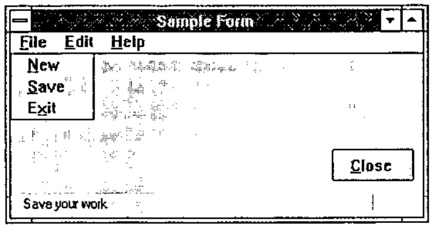 Sample Form with the File menu open (New, Save, Exit) and the status bar reading “Save your work”