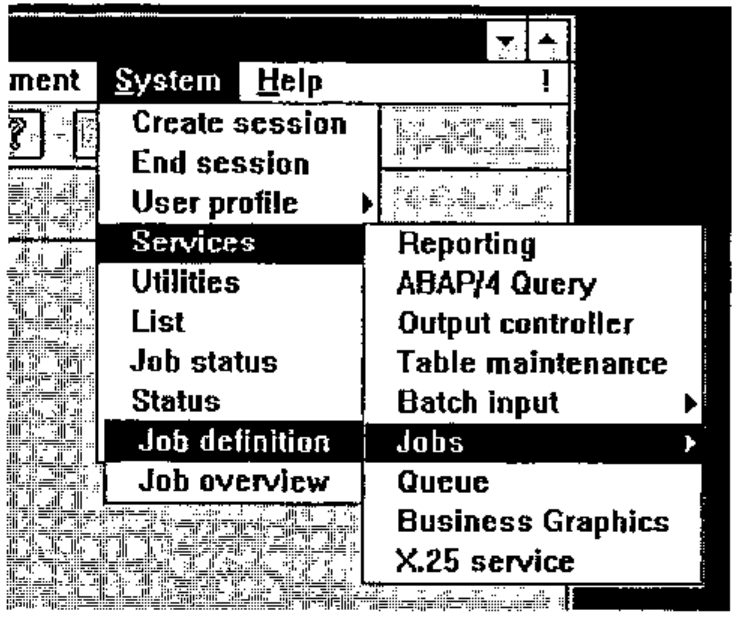 SAP R/3: System menu open, cascading Services > Jobs, with the sub-menus pushed far to the right