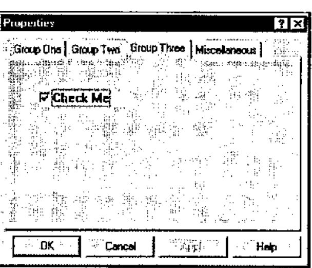 A Properties dialog with tabs Group One, Group Two, Group Three and Miscellaneous; a checked Check Me box on Group Three; buttons OK, Cancel, Apply and Help