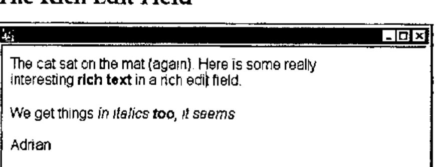 A rich edit window containing “The cat sat on the mat (again). Here is some really interesting rich text in a rich edit field. We get things in italics too, it seems. Adrian”, with bold and italic words