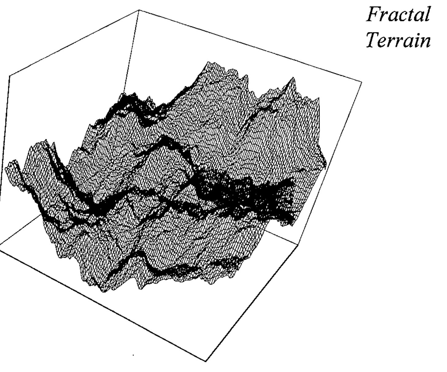 Fractal Terrain: a dense wire-mesh response surface of a fractal landscape in a perspective box