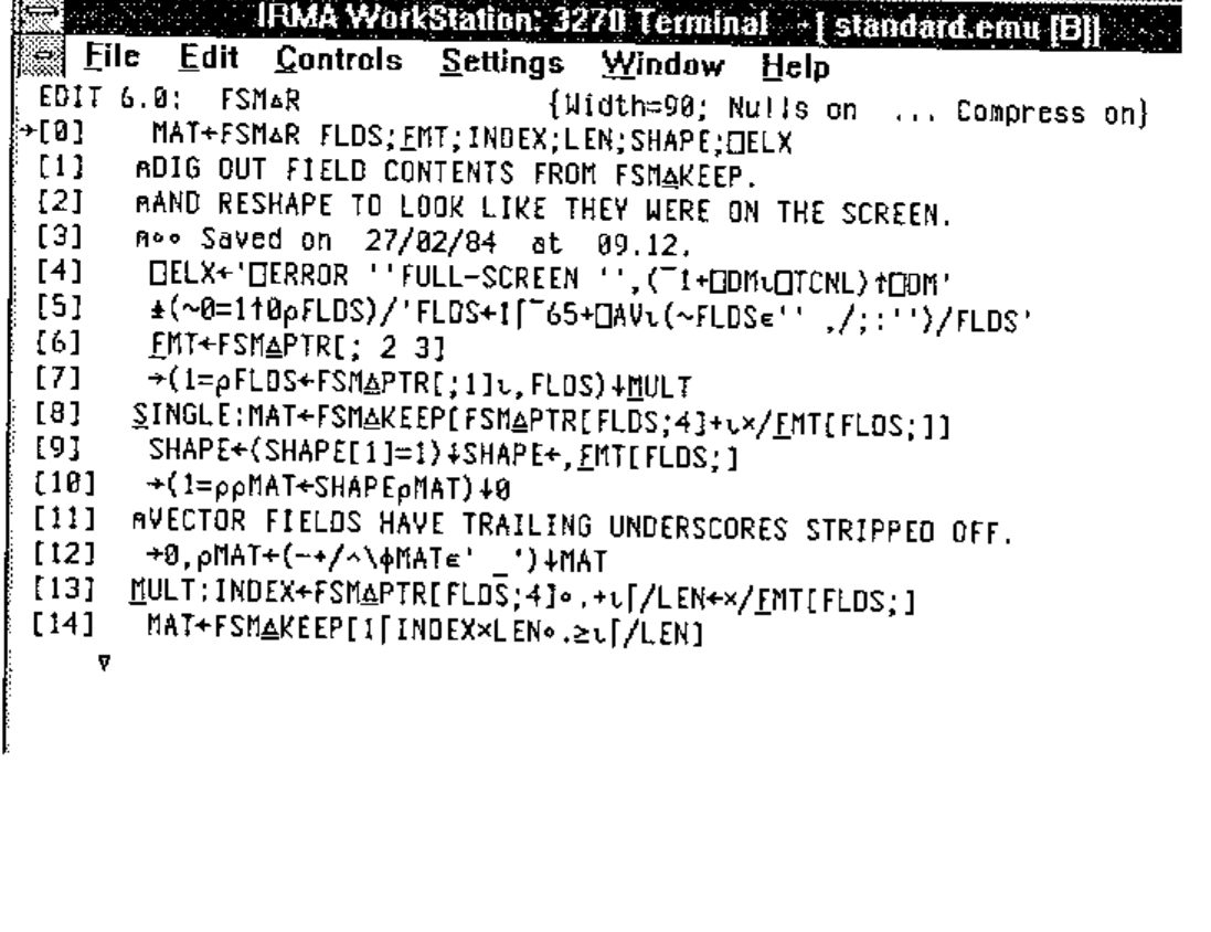 The same IRMA window with the patched font: the APL symbols narrower and clearer
