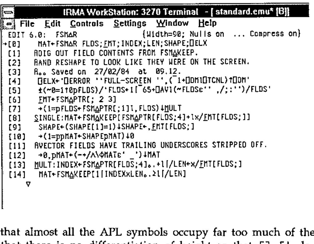 The IRMA WorkStation 3270 terminal window showing the function FSM∆R in a cramped, wide APL font