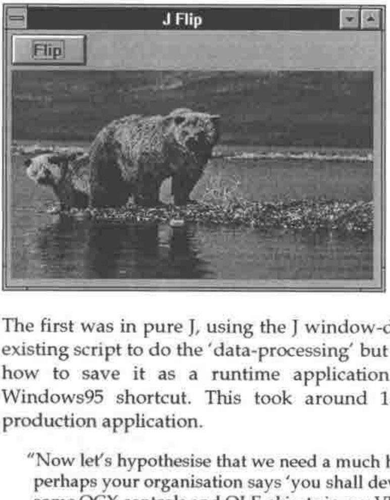 A window titled J Flip with a Flip button above a photograph of two bears by water