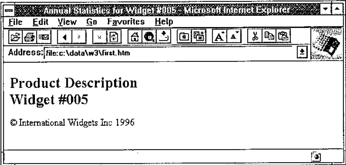 Internet Explorer showing “Product Description, Widget #005” and “© International Widgets Inc 1996”