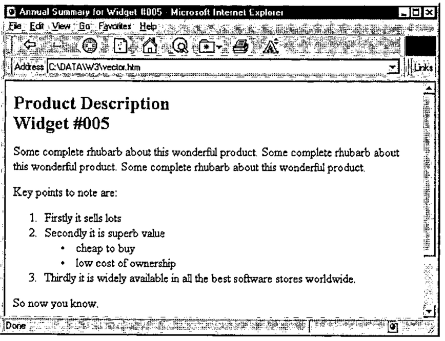 A numbered list with a nested bulleted list, in Internet Explorer