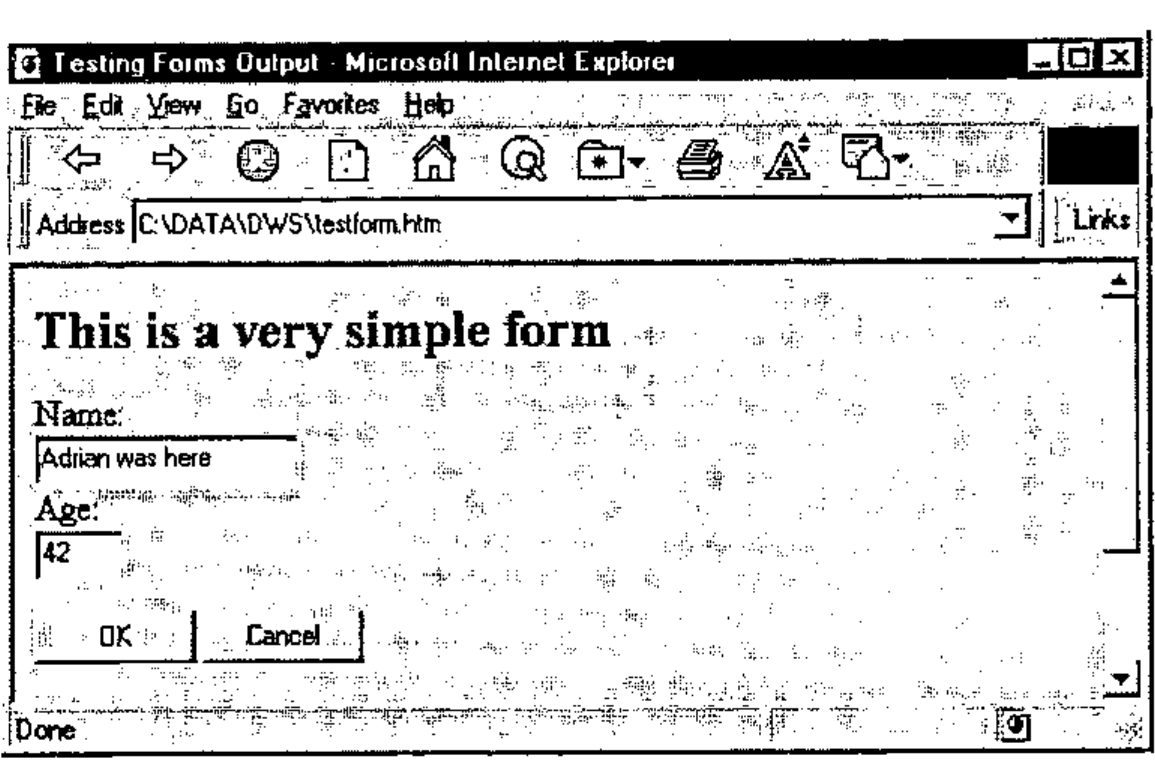 Internet Explorer showing “This is a very simple form”: Name “Adrian was here”, Age 42, and OK and Cancel buttons