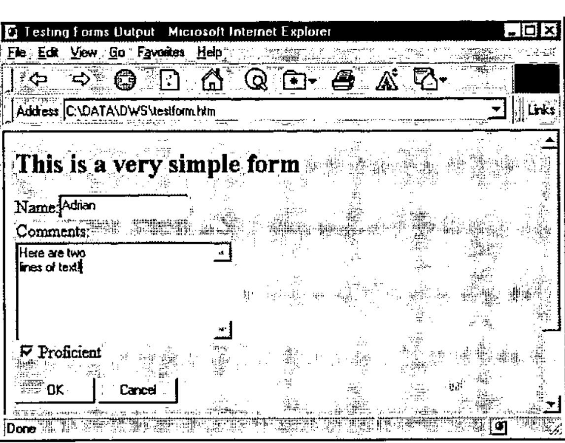 The form with Name “Adrian”, a Comments box containing “Here are two lines of text!”, a checked Proficient box, and OK and Cancel buttons