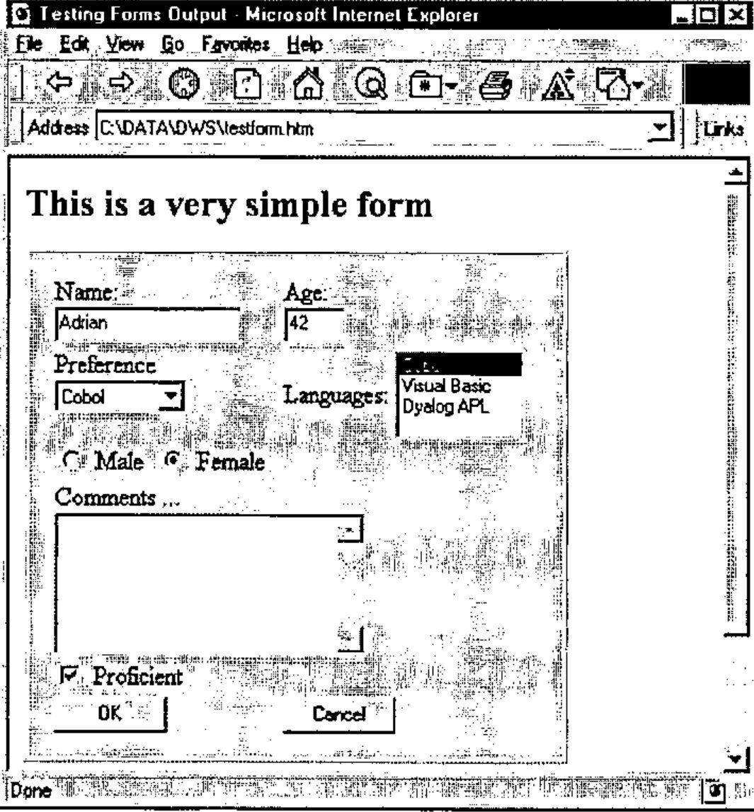 The same form laid out in a grey bordered table: Name and Age side by side, Preference and Languages side by side, Male and Female, a wide Comments box, Proficient, and OK and Cancel buttons aligned