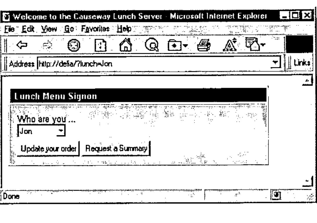 Internet Explorer at http://delia/?lunch=Jon showing “Lunch Menu Signon”: “Who are you …” with a drop-down set to Jon, and buttons “Update your order” and “Request a Summary”