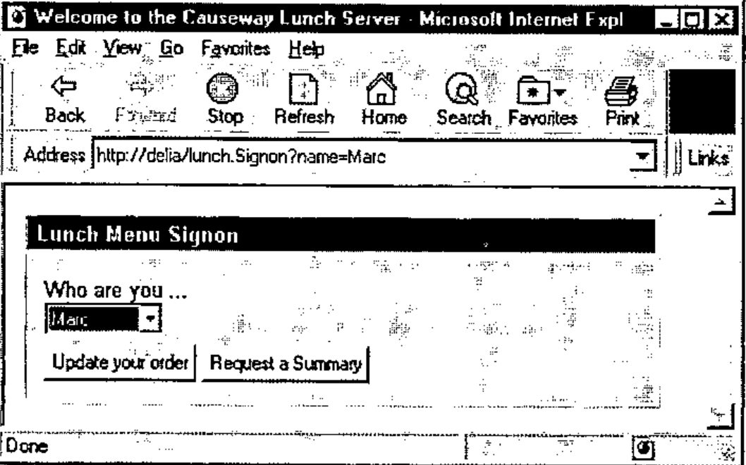 Internet Explorer at http://delia/lunch.Signon?name=Marc showing the Lunch Menu Signon form with Marc selected