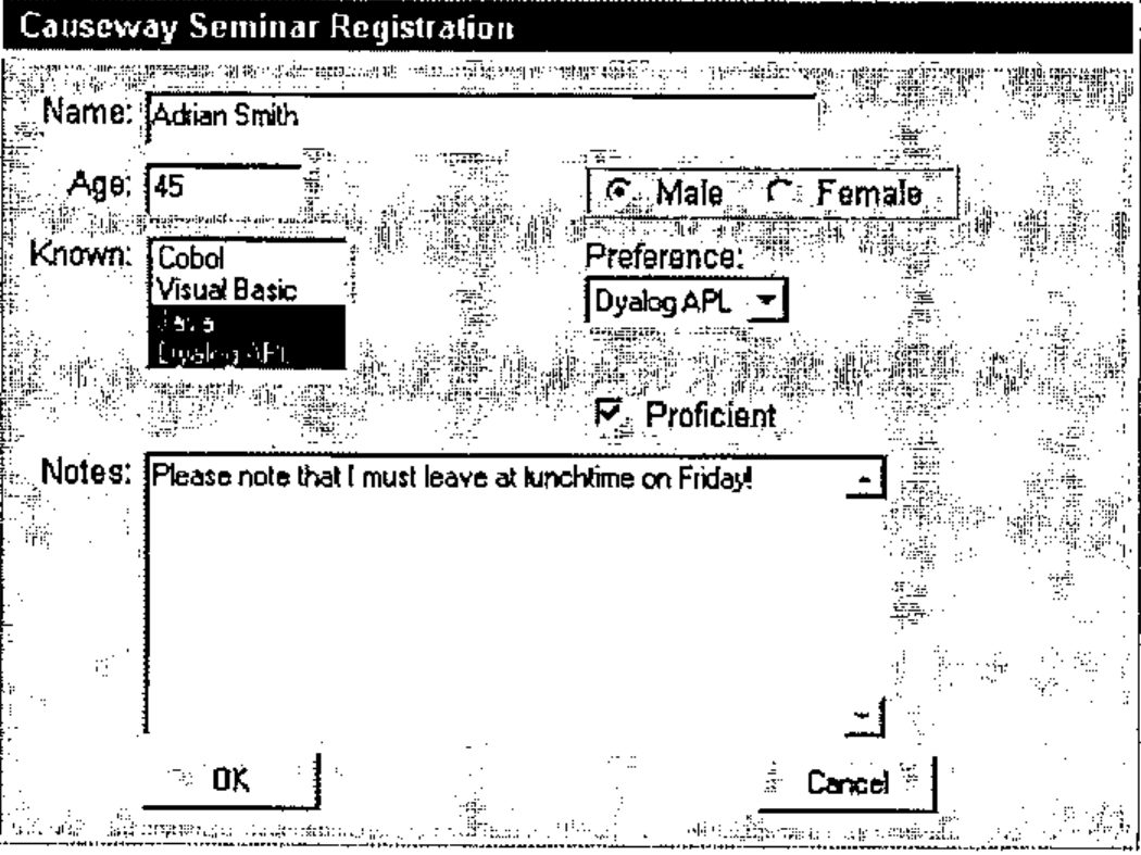 The HTML version in the browser: Name Adrian Smith, Age 45, the same controls, and Notes reading “Please note that I must leave at lunchtime on Friday!”
