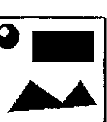 A small artwork: a circle at top left, a black rectangle at top right and a black polygon like two hills below, in a square frame