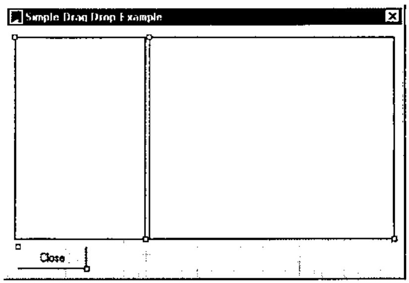 The Causeway designer showing the empty form, titled Simple Drag Drop Example: a TreeView and a ListView side by side, and a Close button