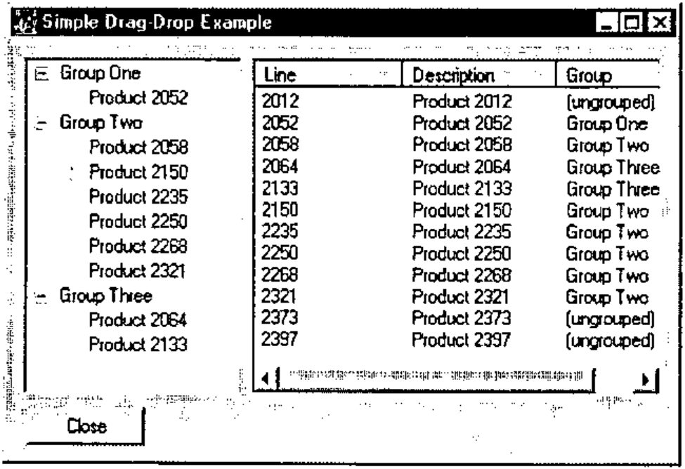 The Simple Drag-Drop Example dialogue: a tree of Group One (Product 2052), Group Two (Products 2058, 2150, 2235, 2250, 2268, 2321) and Group Three (Products 2064, 2133) on the left; on the right a list with columns Line, Description and Group for all twelve products, three of them ungrouped; a Close button